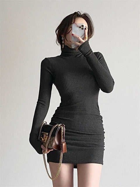 Brown Rib Knit Turtleneck Turtleneck Long Sleeves Sock Dress Women Spring 2022 Bodycon Ladies Short Black Sheath Mini Dress