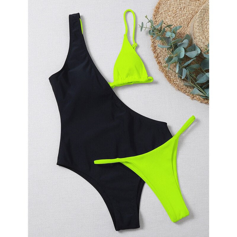 بيكيني مثير مثير قطعة واحدة ملابس السباحة النسائية ثلاث قطع بكتف واحد ملابس السباحة 2021 الصيف الشاطئ الإناث Monokini لباس سباحة