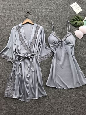 Sexy Ladies Pajamas Lace Temptation Sling Nightdress + Long Sleeve Bathrobe Bathrobe Home Service Set