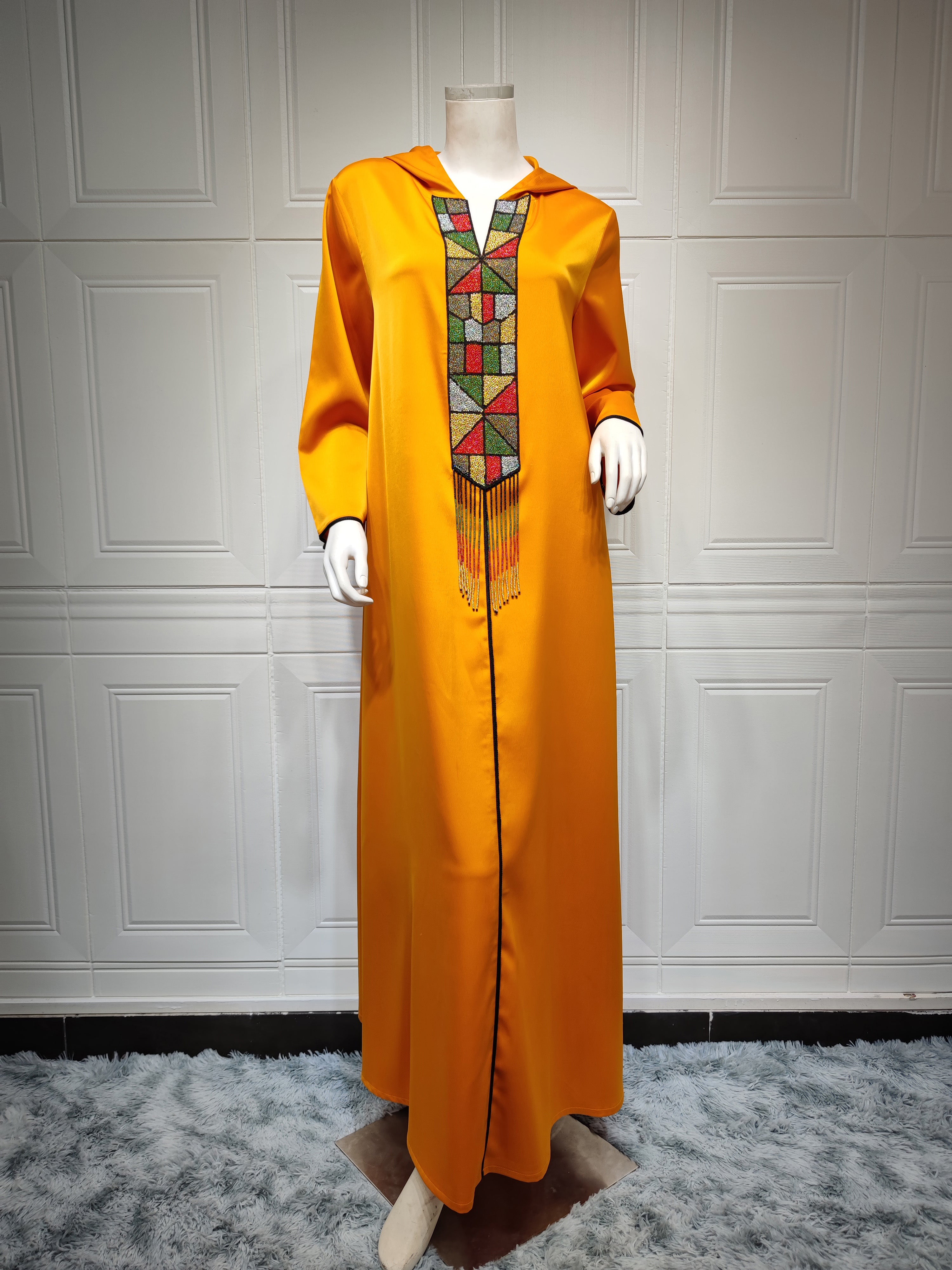 Ethnic Beaded Tassel Hooded Abaya Dress Fashion Muslim Women Clothing Moroccan Caftan Arabic Robe Orange