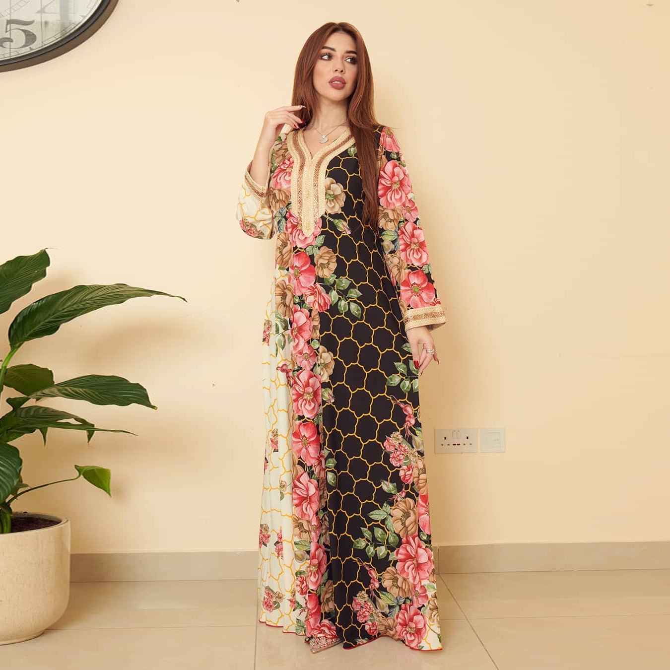 New Arab Traditional Women's Jalabiya Printed Robe with Diamonds Kaftan Middle East Women's Dubai Kuwait