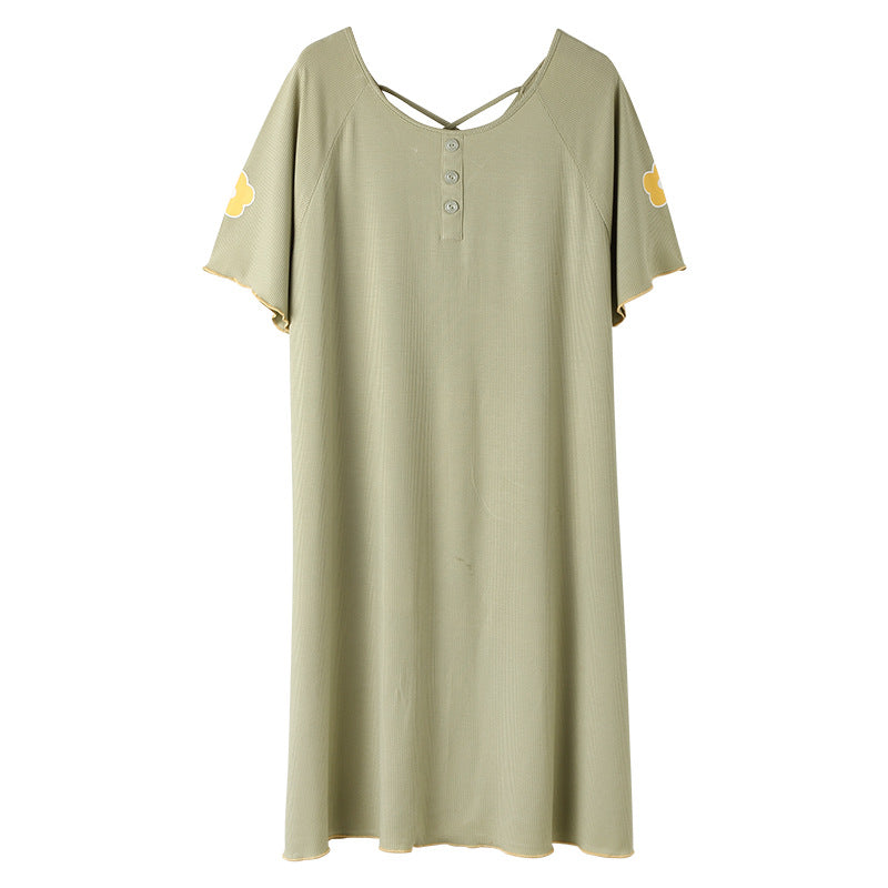 Summer  nightdress women's round neck short-sleeved cute home service women's cotton thin mid-length skirt beautiful back ladies pajamas dress