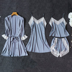 Pajamas Sexy Four-piece Suit Simulation Silk Suspender Nightgown with Chest Pad Ladies Can Wear Nightdress