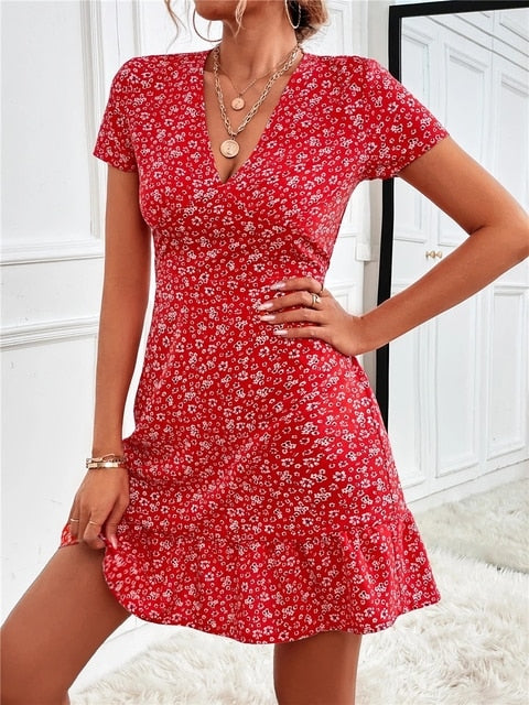 Summer Sexy Short Dress Women V Neck Slim Floral Print Mini Sundress Ladies Casual Boho Beach A-line Dress Vintage