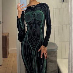 فستان نسائي جديد على الطراز الأوروبي والأمريكي مطبوع بدون ظهر وياقة دائرية وأكمام طويلة