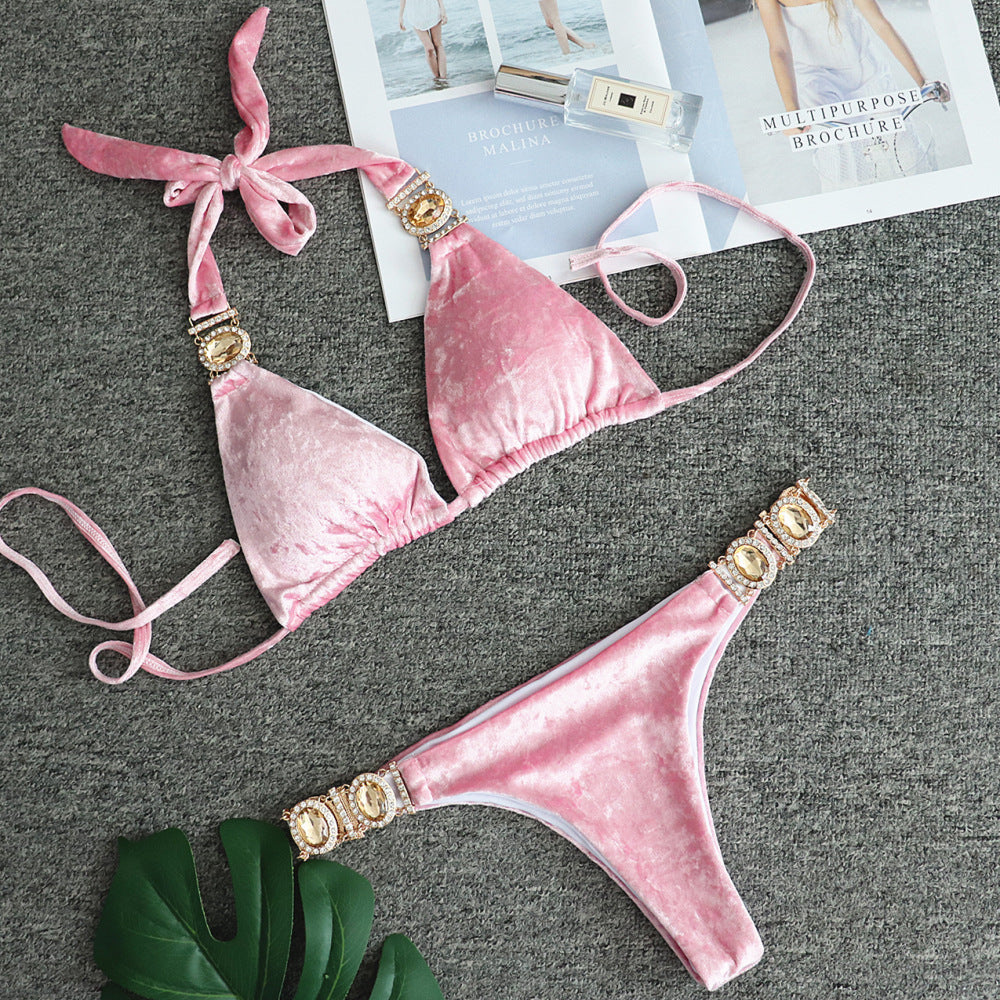 Pink Gold Velvet Women's Split Swimsuit Sexy Crystal Diamond Bikini