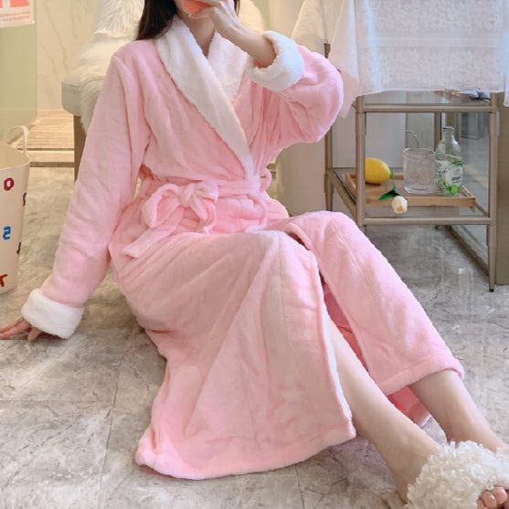 Women's  -end autumn and winter long-sleeved flannel nightgown thick solid color mid-length home service