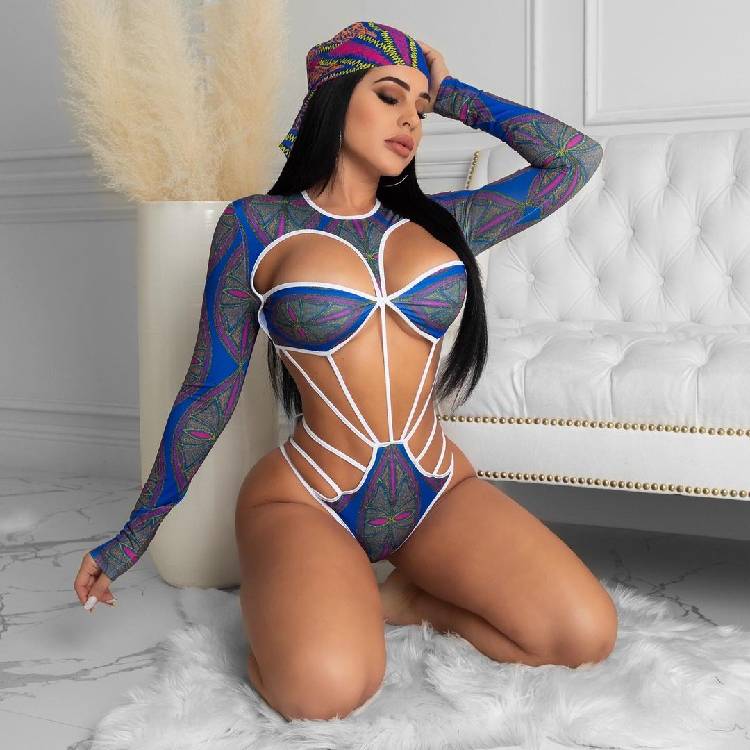 Women Swimsuit Adults Hollow Out Printed Long Sleeve Round Neck Swimwear