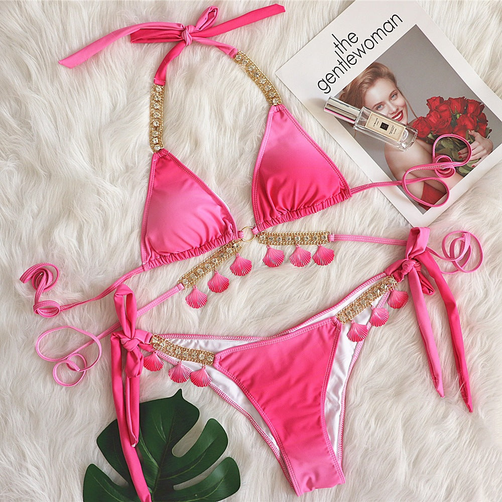 New Sexy Strap Gradient Print Women's Split Swimsuit Luxury Crystal Diamond Bikini Shell Swimsuit