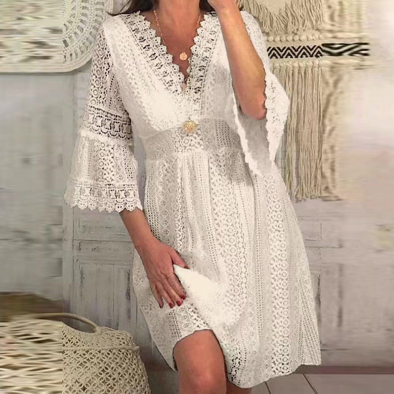 فستان دانتيل جديد ربيع 2023 فستان دانتيل أوروبي وأمريكي برقبة على شكل حرف V وأكمام بوق