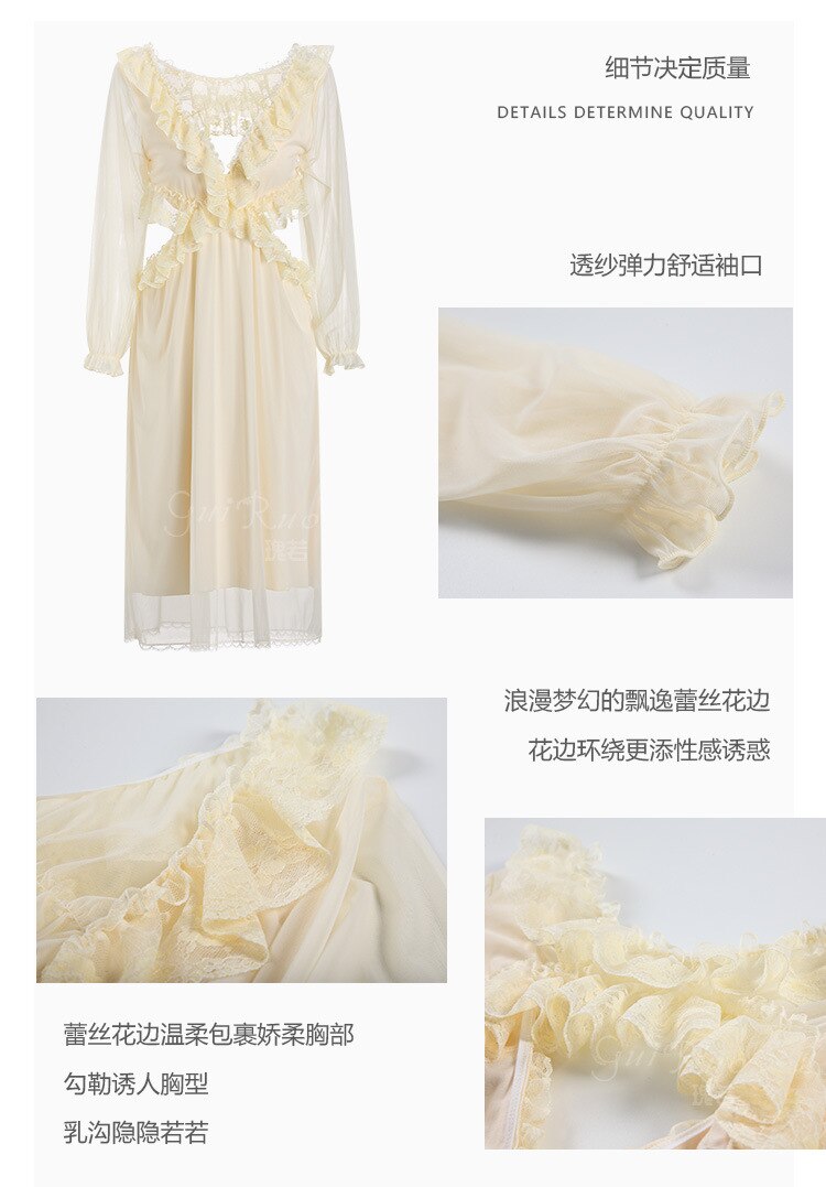 Women Sexy Nightdress Mesh Perspective Romantic Sweet Nightgowns Femme Deep V Backless Long Sleeves Sleepwear Nighty For Ladies