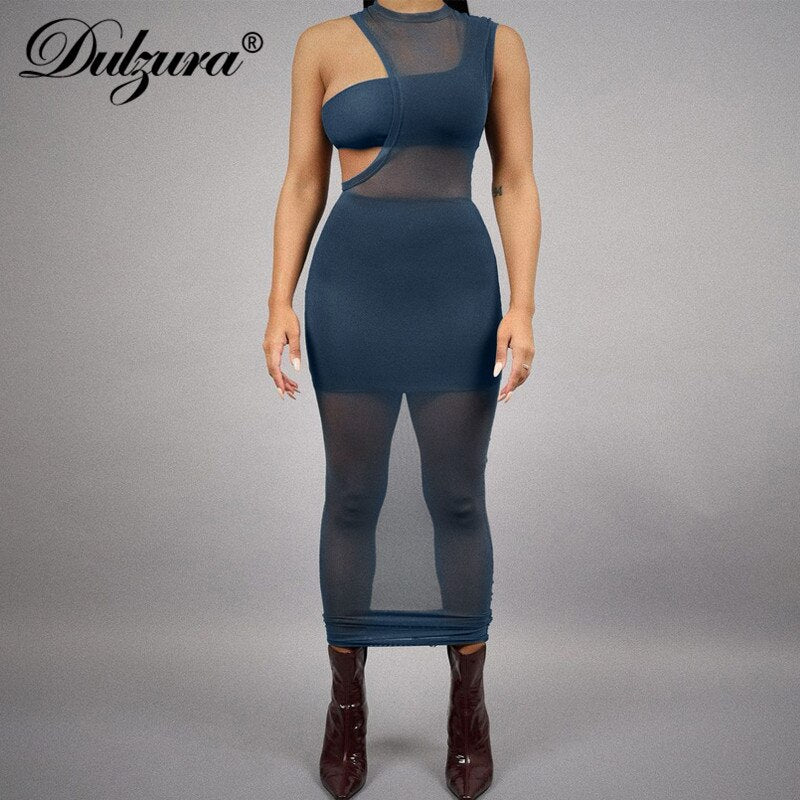 Dulzura Women 3 Piece Set Sleeveless Mesh Midi Dress One Shoulder Tank Mini Skirt Bodycon Sexy Streetwear Club Party 2021 Summer