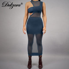 Dulzura Women 3 Piece Set Sleeveless Mesh Midi Dress One Shoulder Tank Mini Skirt Bodycon Sexy Streetwear Club Party 2021 Summer