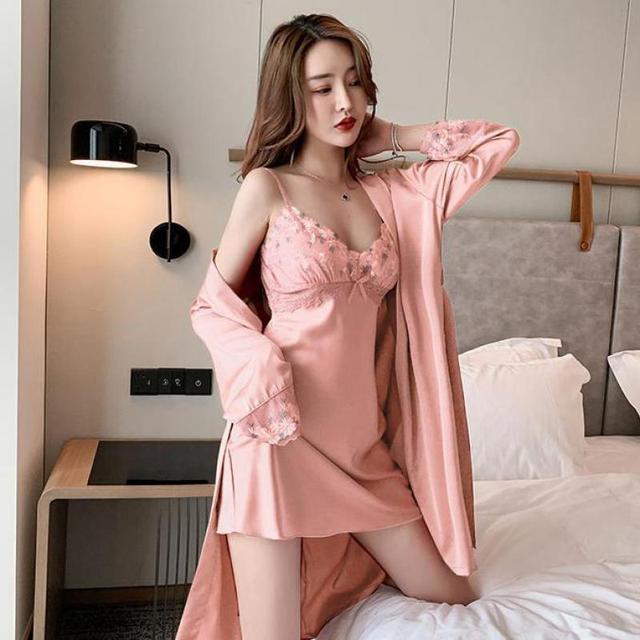 Lace Flower 2-Piece Kimono Robe Set Women's Pajamas Intimate Underwear Casual Wear Bathrobes Robes Satin Homewear Pajamas