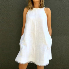 2023 خمر الصيف فستان أبيض المرأة القطن فستان كتان عادية س الرقبة أكمام تانك القمم فستان قصير تانك القمم