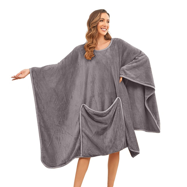 Jodimitty بطانية بغطاء للرأس كبيرة الحجم بأكمام مزدوجة الجانب من الفلانيل بلوزات نسائية شتوية من الصوف بجيب عملاق بقلنسوة