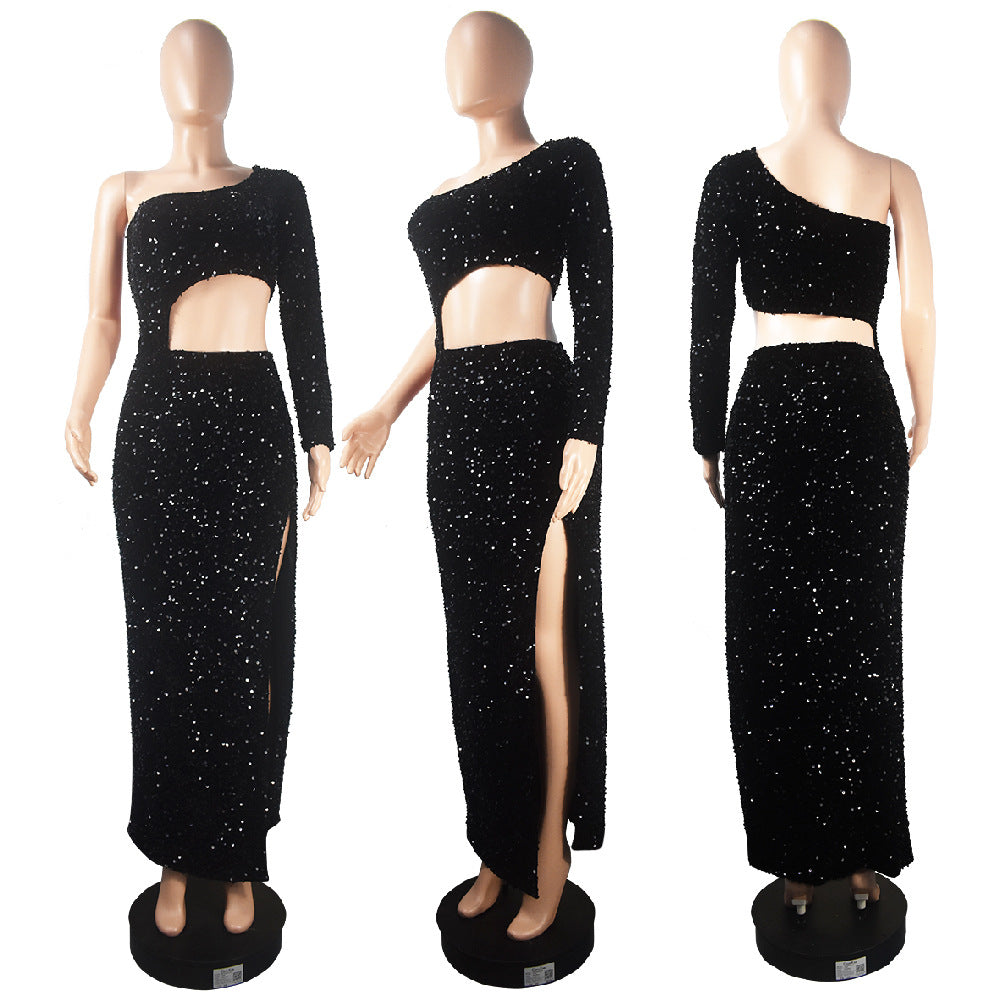 European and American dress bag hip mid-length skirt slanted collar hollowed out long-sleeved high slit sequined sexy dress for women