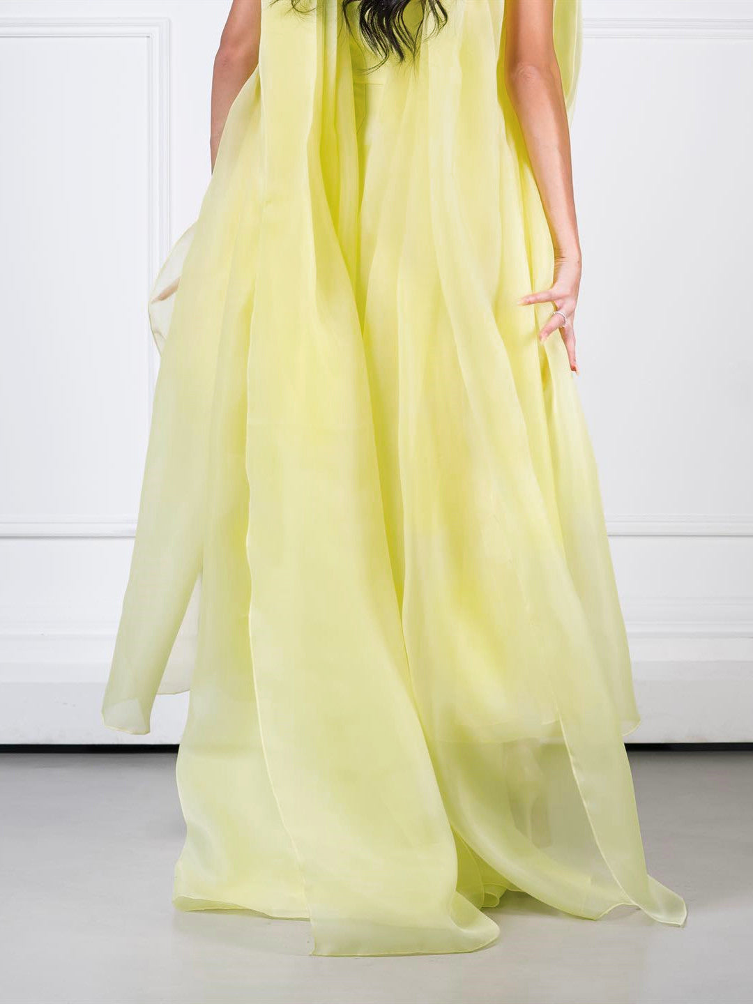 Yellow Elegant Organza Cape Flow Through Dress