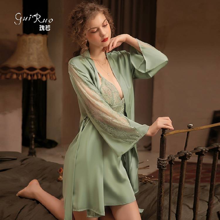 Rose  spring and summer female Europe and the United States new pajamas satin long-sleeved tape nightgown bathrobe home clothing 780
