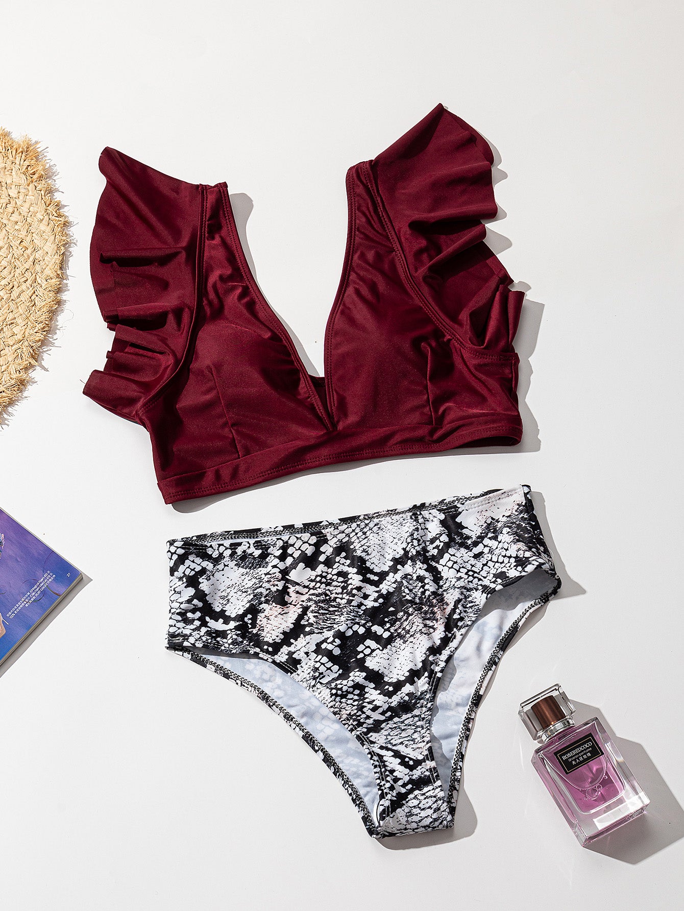 ملابس سباحة بكيني من قطعتين بخصر عالٍ، 9 ألوان مكشكشة