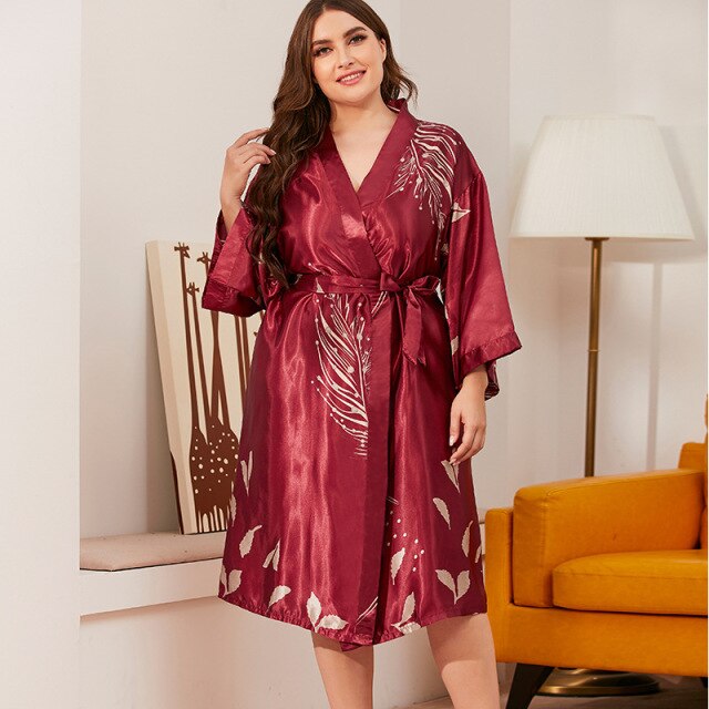 Burgundy Women Full Sleeve Summer Kimono Robe Bathrobe Satin Print  Nightdress Plus Size XL-3XL  Home Dress Sleepwear