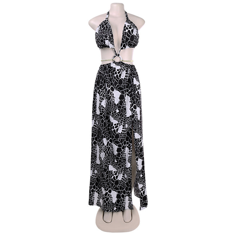 فستان فضفاض أوروبي وأمريكي للسيدات 2021 فستان بحمالات مطبوع جديد بدون أكمام وتنورة طويلة