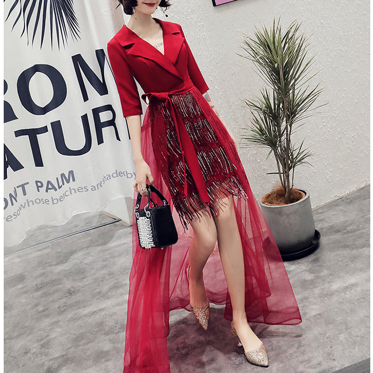 Women's front short and back long fashionable party dress V-neck mid-sleeve fringed sequin birthday party dress Slim bag hip skirt