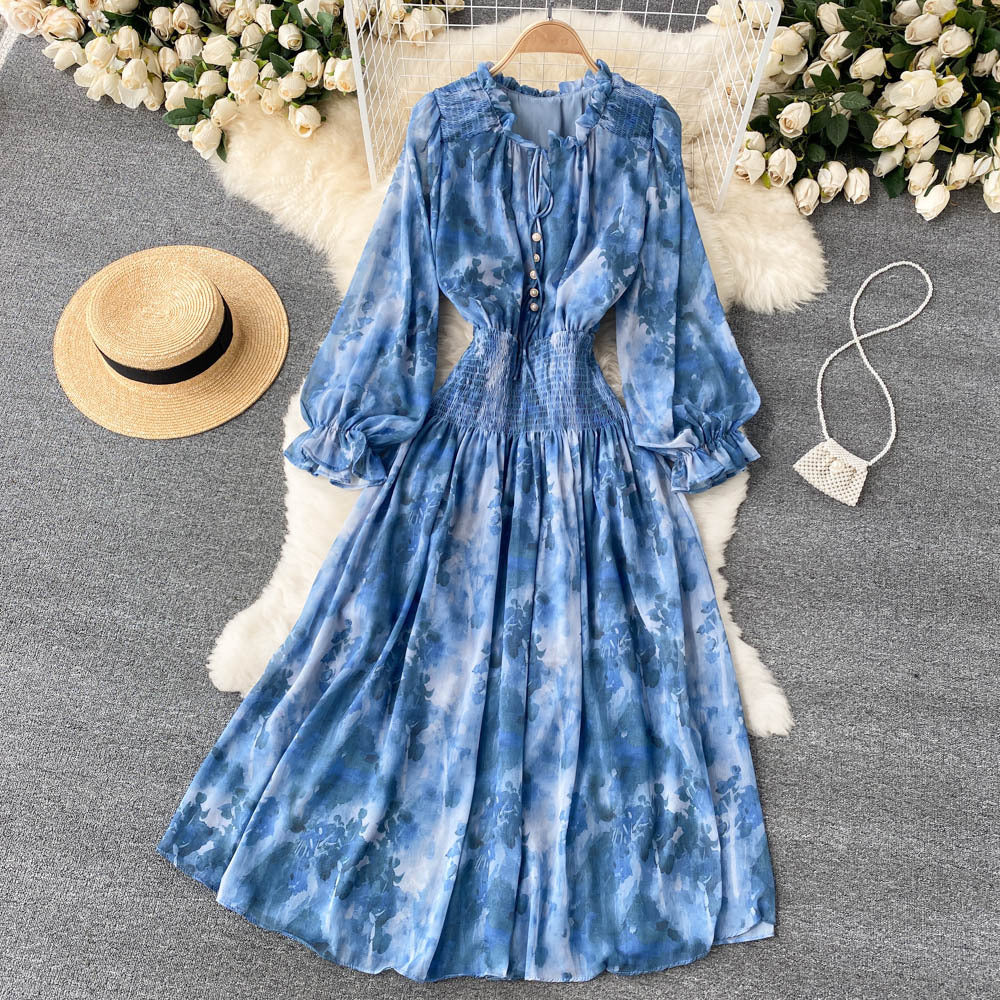 Celebrities' high-end women's clothing elegant printed French dress with slim waist and puff sleeves super  big  long skirt