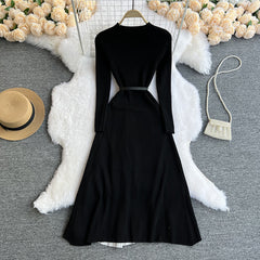 Elegant  stitching dress simple temperament round neck gradient  fit  mid-length skirt women