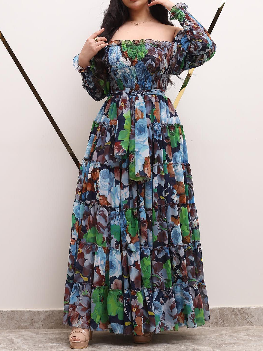 Floral-print one-shoulder chiffon dress