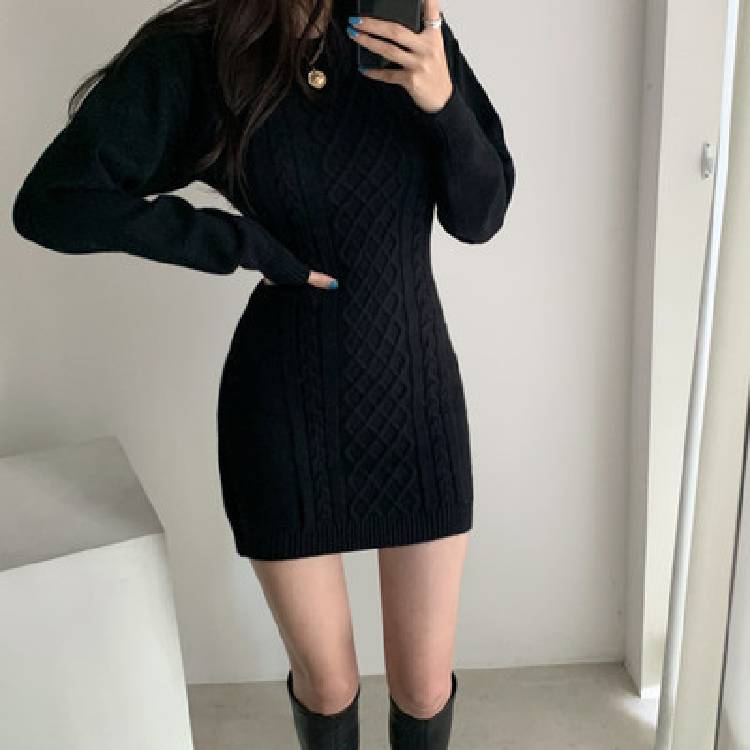Korean Ins Autumn Winter Temperament Round Neck Sweater Dress Bodycon Open Back Slim Wrap Hip Knitted Dress Women Chic Thick