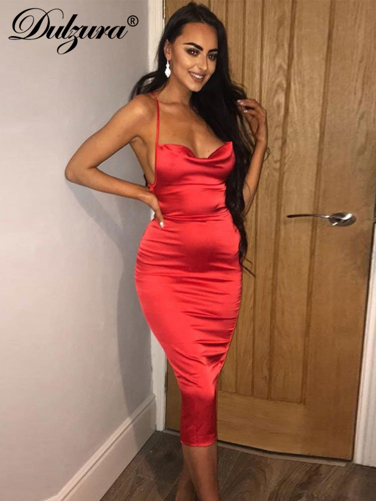 Dulzura neon satin lace up 2023 summer women bodycon long midi dress sleeveless backless elegant party outfits sexy club clothes