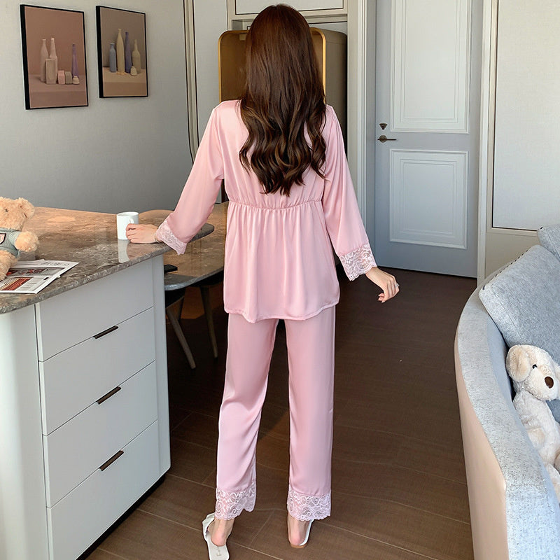 Ladies pajamas spring and autumn ice silk long-sleeved lace thin large size autumn pullover with chest pad home service set