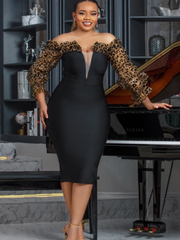 Sexy Off Shoulder Black Dress Deep V Neck Leopard Print Tulle Sleeve Midi Bodycon Robe Elegant Cocktail Evening Party Spring New