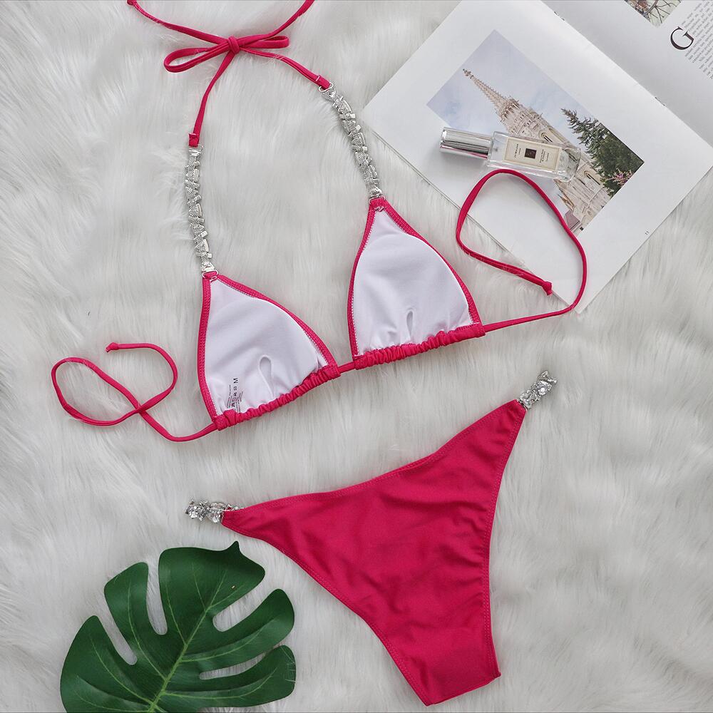European and American spring and summer new solid color sexy hot diamond strapless backless seaside holiday beach low-cut suspenders briefs swimsuit