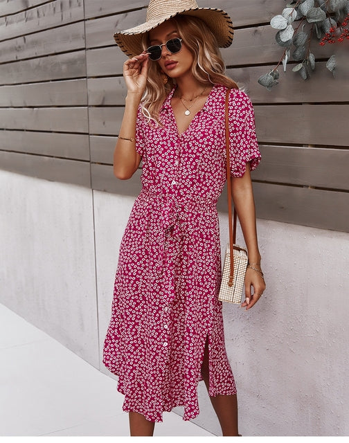 Women Flower Dress 2023 Summer Casual Short Sleeve Button Up Holiday Midi Dress Women V Neck Beach Boho Style Dress Elegant Robe