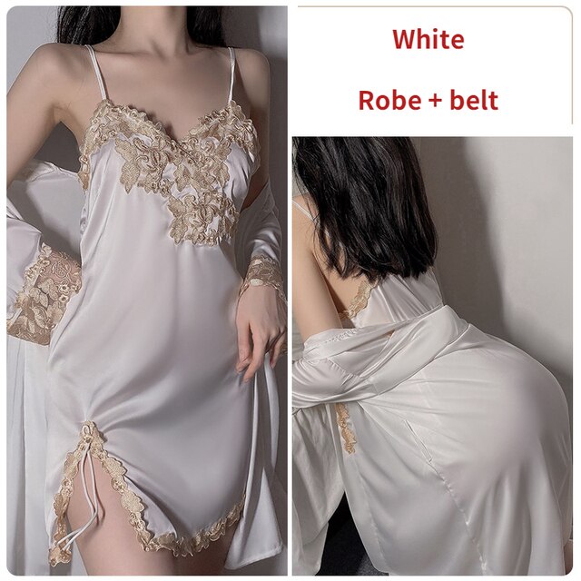 New Women`s Lingerie Sexy Satin Lace Nightgown Thong Robe Suit Female Thin Deep V Strap Nightdress Bathrobe Sets Sleepwear
