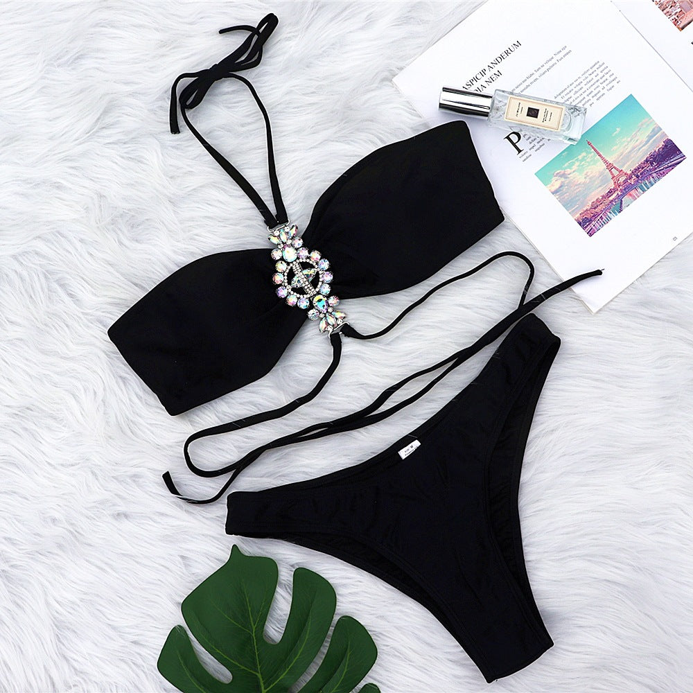 Explosive new style hanging neck strap female split swimsuit luxury crystal diamond bikini European and American swimsuit
