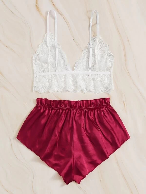 Sexy ladies pajamas lace temptation bra suspenders underwear  -waist shorts set