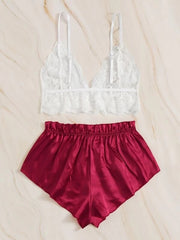 Sexy ladies pajamas lace temptation bra suspenders underwear  -waist shorts set