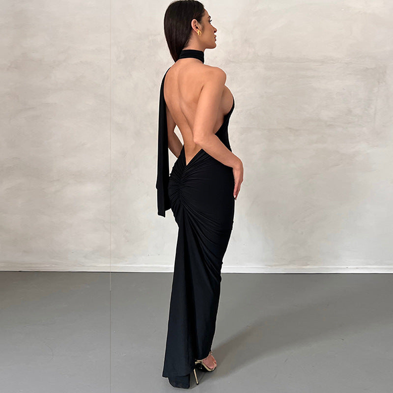 Elegant Women Backless Party Dress Summer Sexy Halter Collar Bodycon Maxi Dress 2023 Evening Club Maxi Dress Black Vest