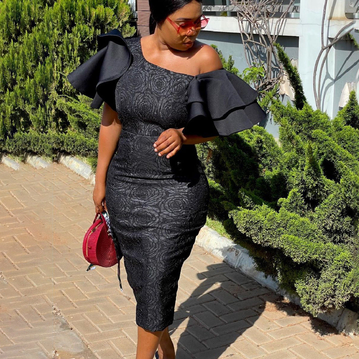 Off-the-shoulder temperament Tongle lace stitching high waist banquet dress skirt African dress