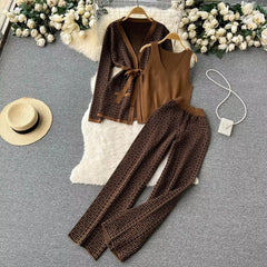 Women's  end small fragrance suit early spring and autumn lace-up  cardigan  waisted wide-leg pants three-piece set