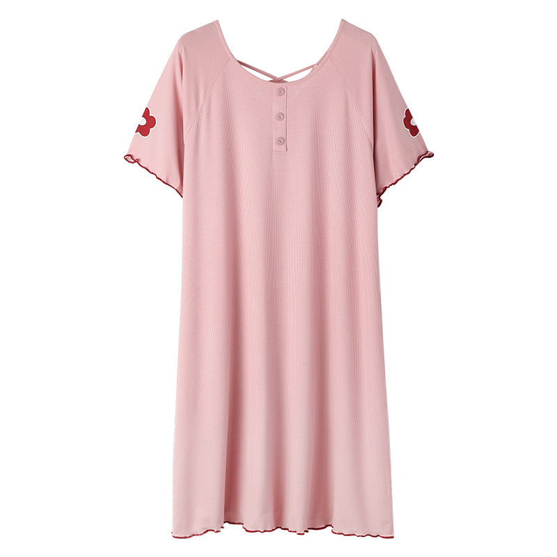 Summer  nightdress women's round neck short-sleeved cute home service women's cotton thin mid-length skirt beautiful back ladies pajamas dress