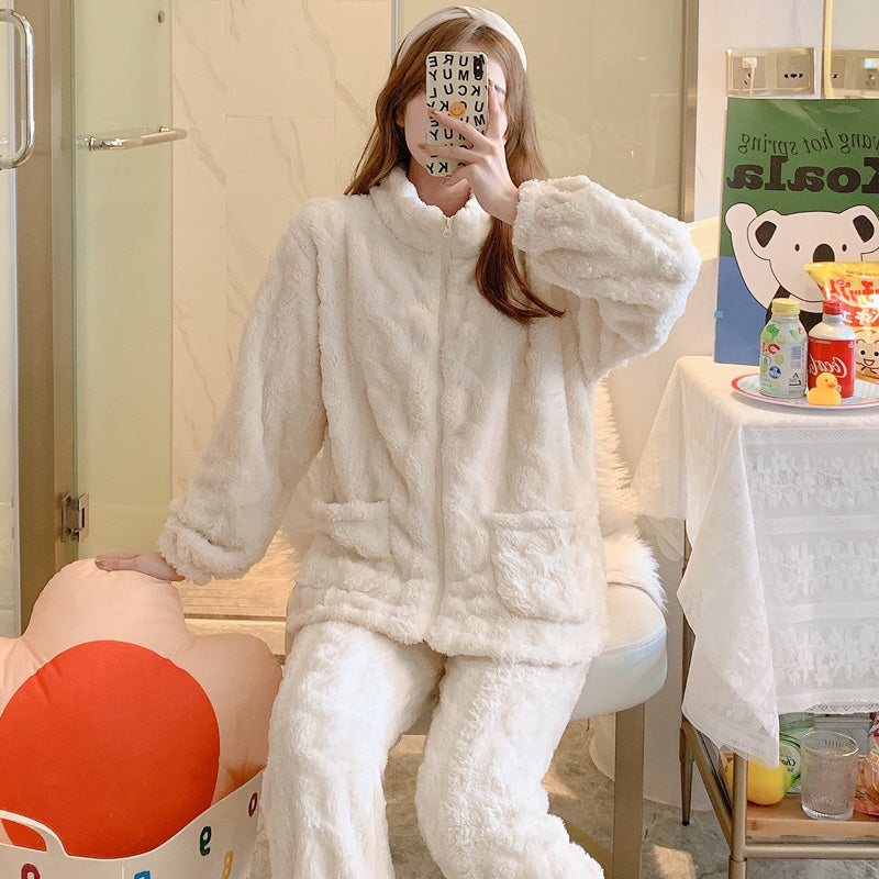 Autumn and winter women's warm solid color  cut velvet plush pajamas homewear set