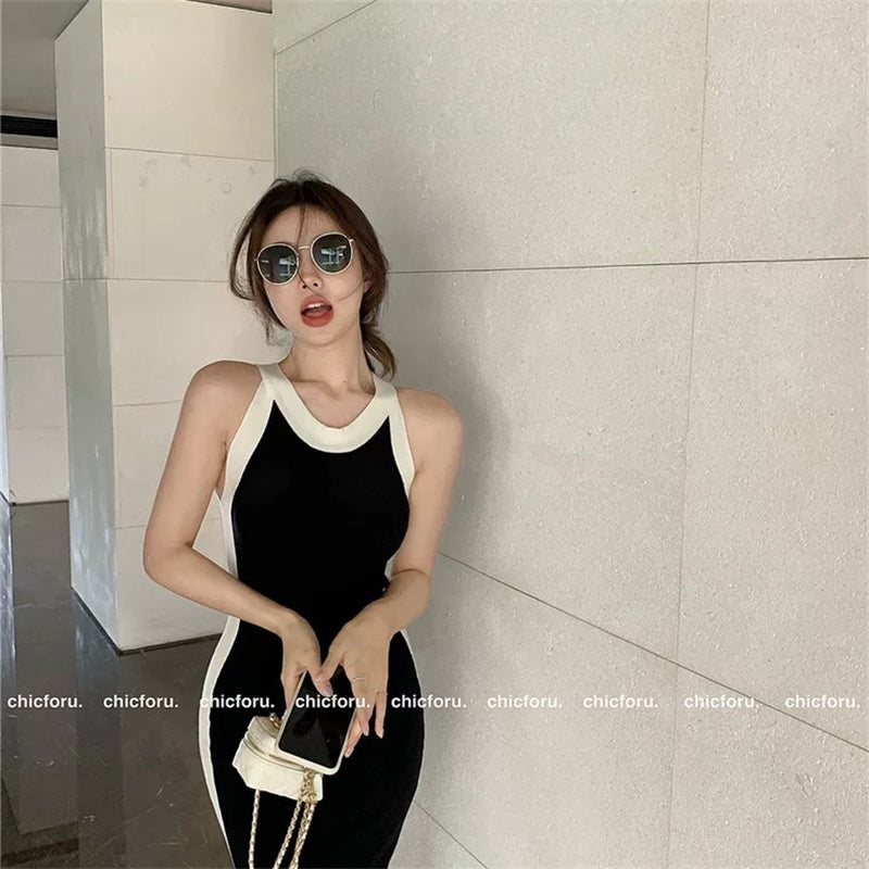 Women Knitted Bodycon Dress Summer Thin Women Retro Party Sleeveless Beach Casual Robe Dress Sexy Split