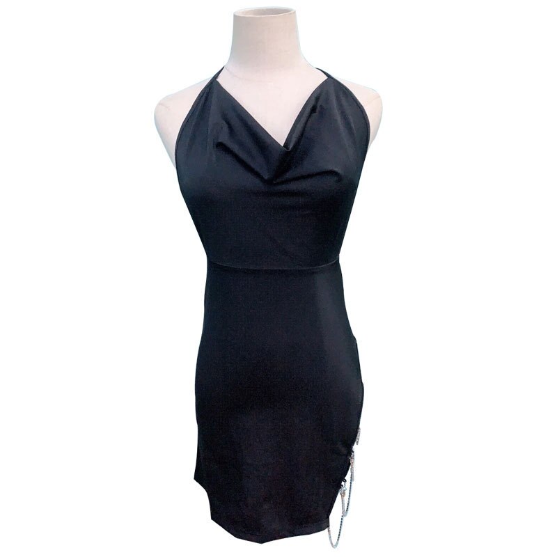 Women's sexy chain backless pajamas deep V split neck nightdress nightclub hot home suit femme satin slutty sleepwear nightgown