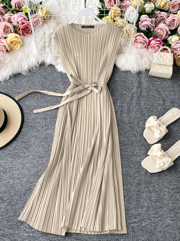 ZANZEA Women Elegant Dresses Solid O-Neck Sleeveless Vintage Pleated design Dress Fashion Holiday Casual Loose Ladies Vestido Plus Size