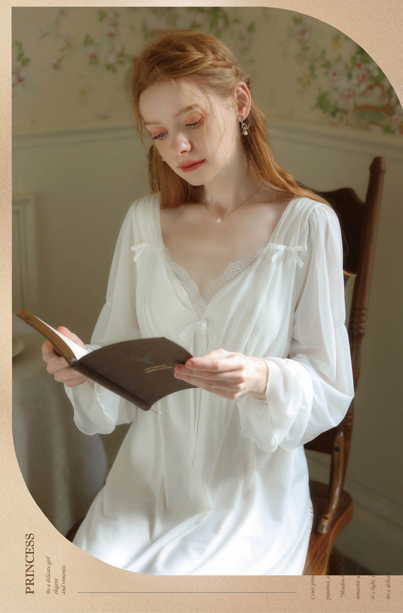 Women Ladies Spring Sleepwear Long Sleeve Cotton Victorian Nightgowns Pajamas Ruffles  V-Neck  Vintage Nightdress