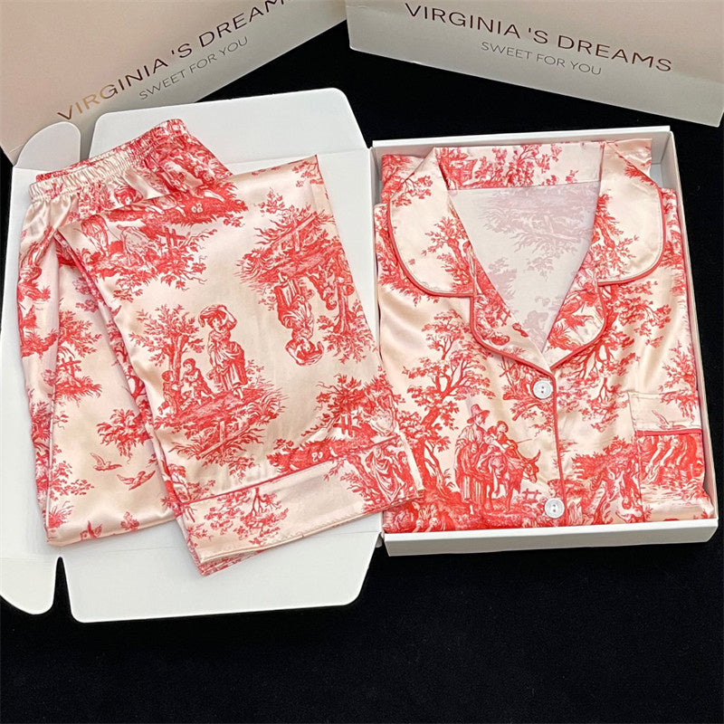 Tie-dye powder comfortable  silk long-sleeved women's pajamas home clothes thin suit